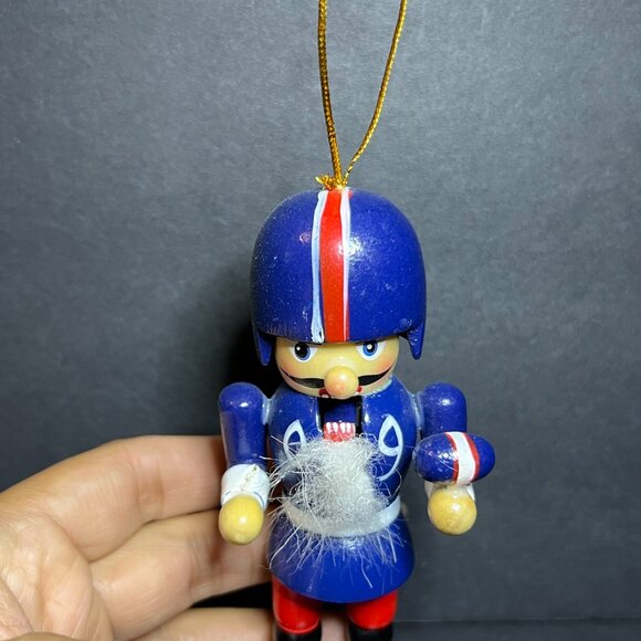 Hand Painted Blue Red White Wooden Football Player Nutcracker Christmas Ornament - Picture 3 of 8